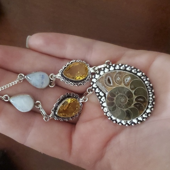New Ammonite Fossil, Rainbow Moonstone & Citrine 925 Silver Necklace. - Picture 1 of 12